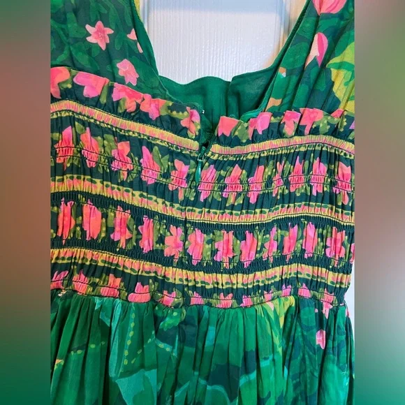 Farm Rio for Anthropologie Green Tropical Smocked Puff Sleeve Maxi Dress XXS - Picture 7 of 11